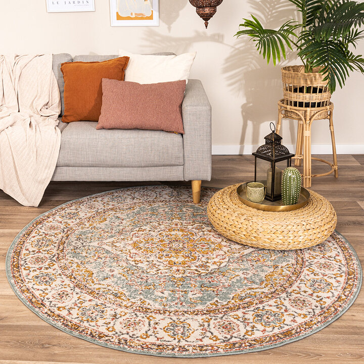 Rond vintage vloerkleed - Thirza Medaillon Lichtblauw/Geel