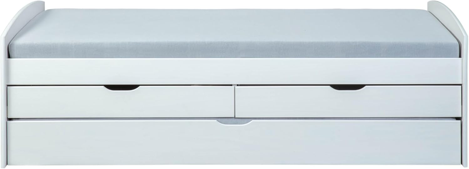 Inter Link - Funktionsbett 90x200 - mit Stauraum - Kinderbett - Jugendbett - Bett mit Schubladen - Massivholzbett - 2 Schubladen - 1 Schubkasten weiß - Massivholz - Ried