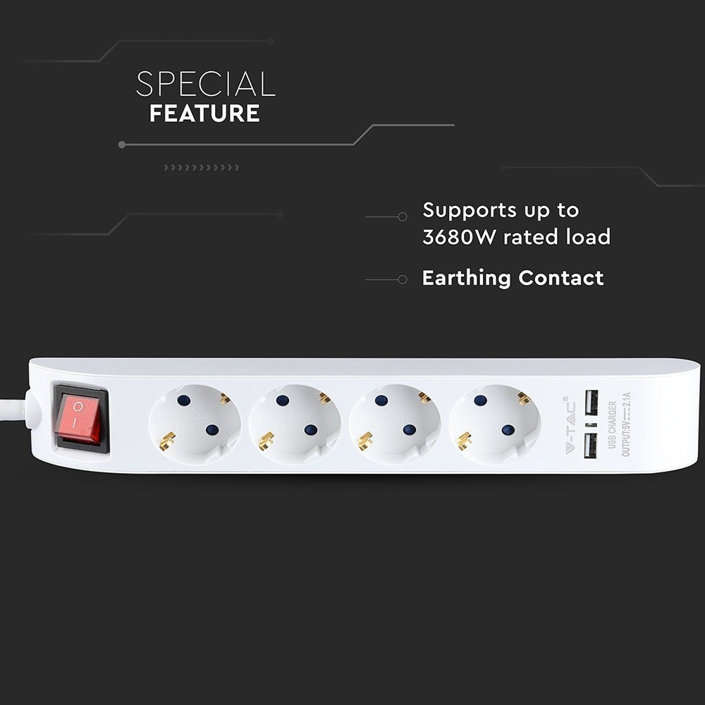 4-voudige verlengsnoerstopcontacten - schakelaar - wit - 1,4 m kabel - strip