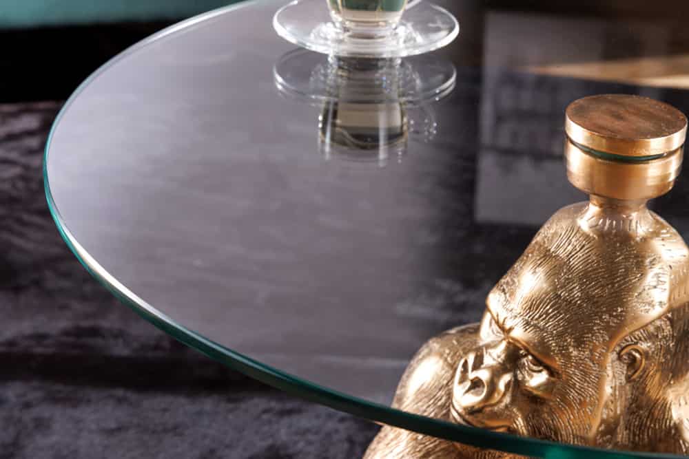 Runder Couchtisch WILDLIFE KONG 60cm gold Metall Glas Affenfigur Gorilla Skulptur handmade