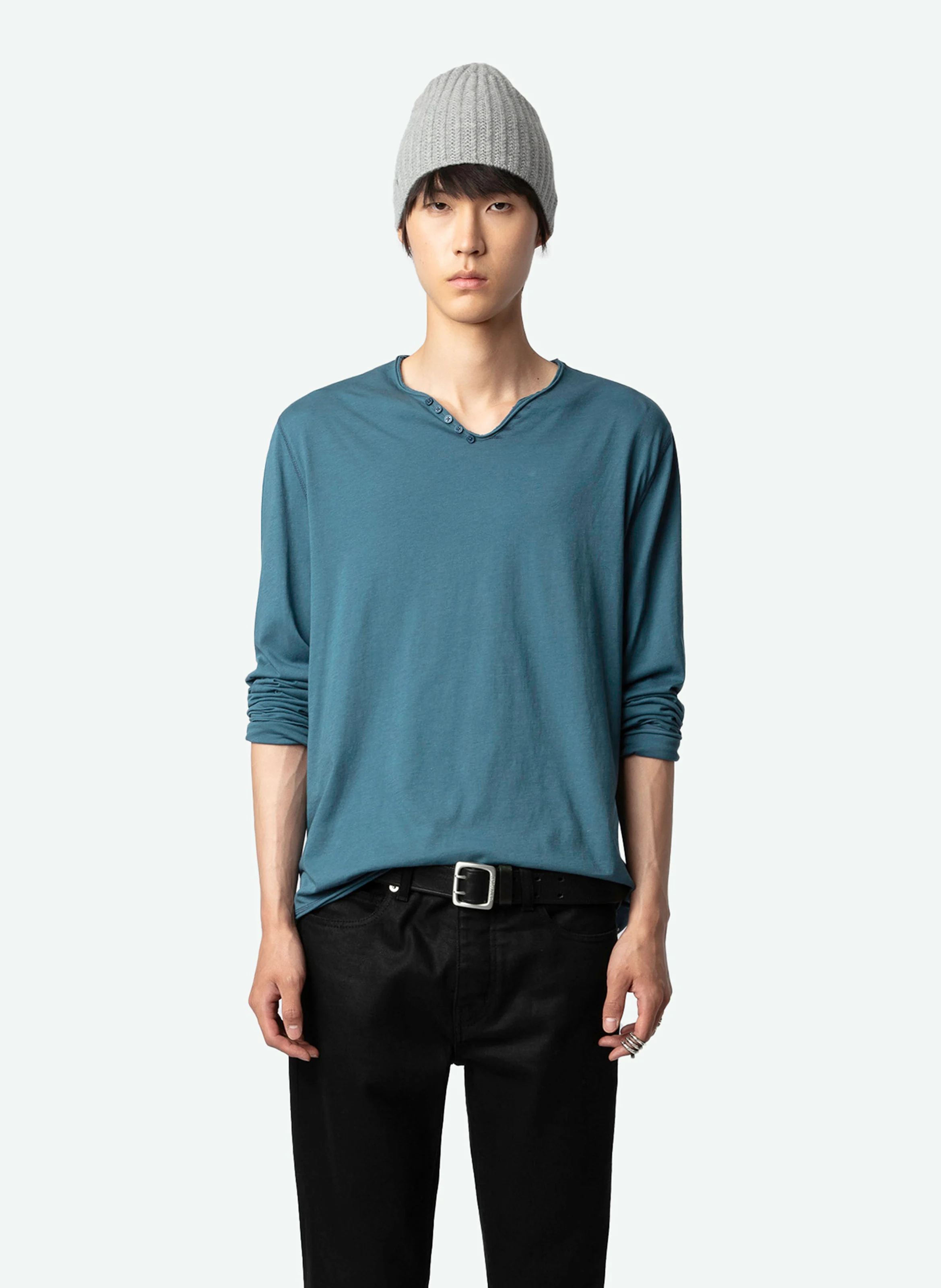 MONASTIR - Tee-shirt col V en coton bio| Bleu