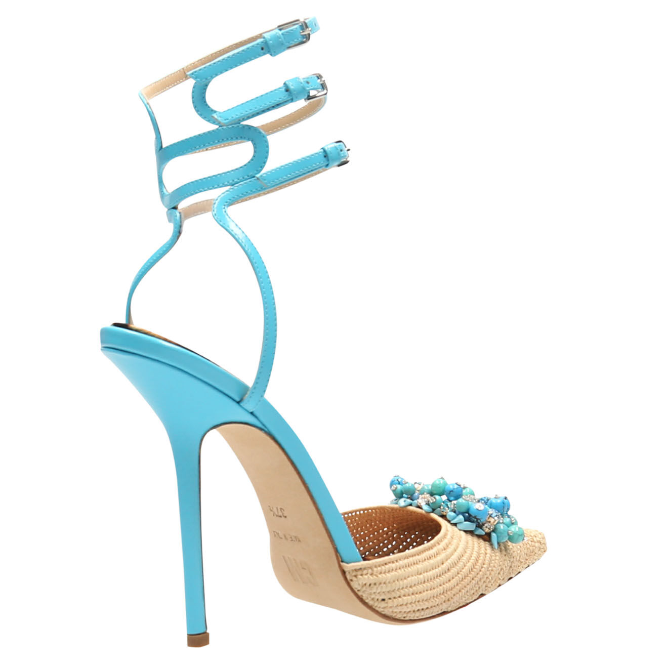 Claudio Merazzi Sandales Cameron en Cuir et Raphia écru/turquoise