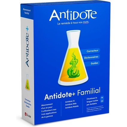 Logiciel Druide Antidote+ Familial - Antidote 12 + Antidote Web + Antidote Mobile - francais ou anglais - PC ou Mac - 1 an - Correcteur grammatical et dictionnaires