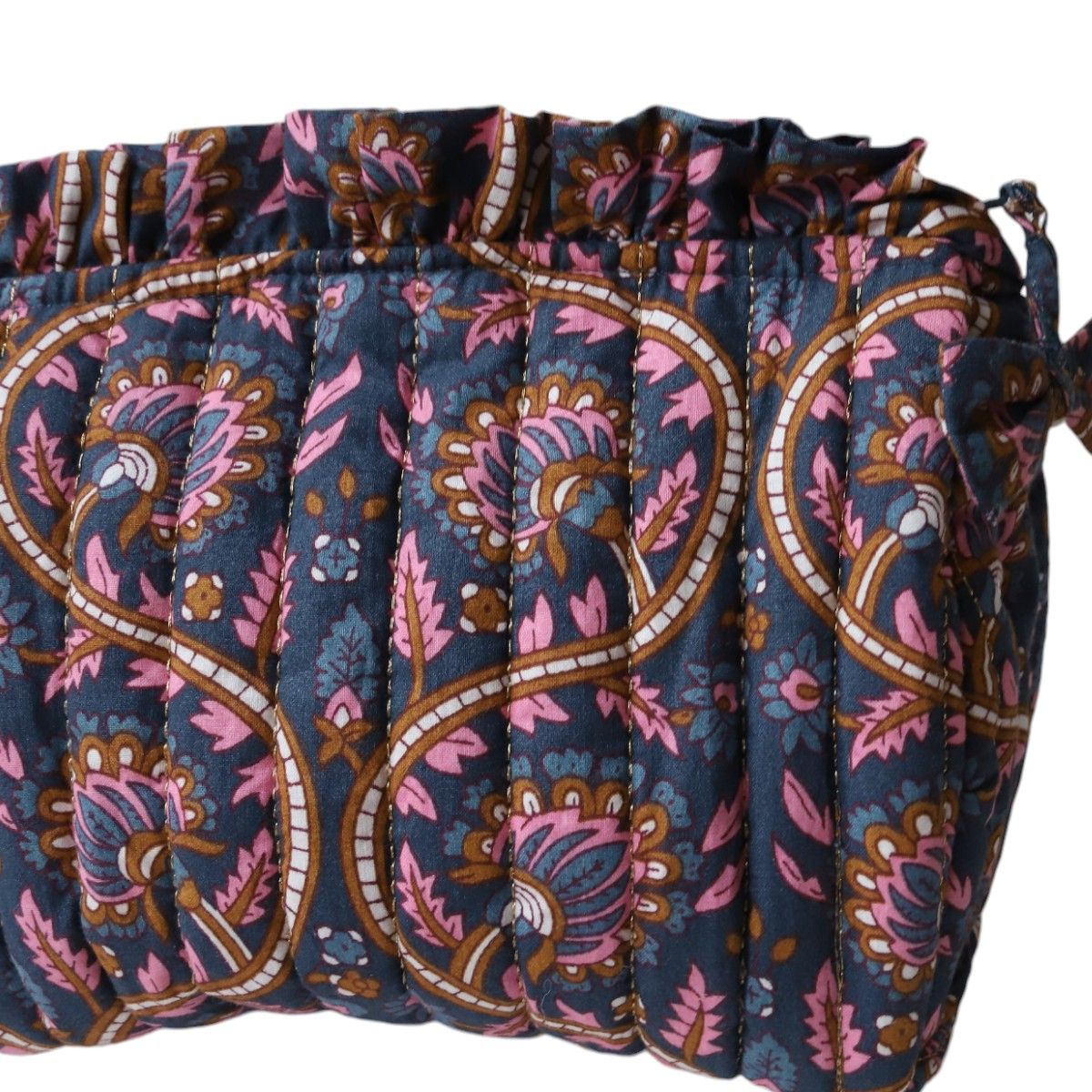 Petite trousse de toilette froufrou block print bleu - Mariage Indien Pondie Chérie