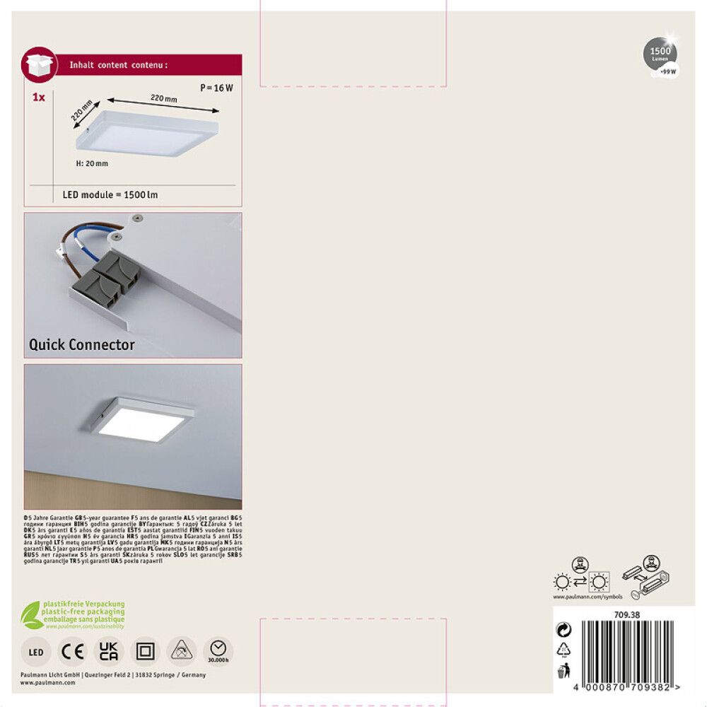 PLAFOND PAULMANN ATRIA LED PANEL 220X220MM 16W HVIT