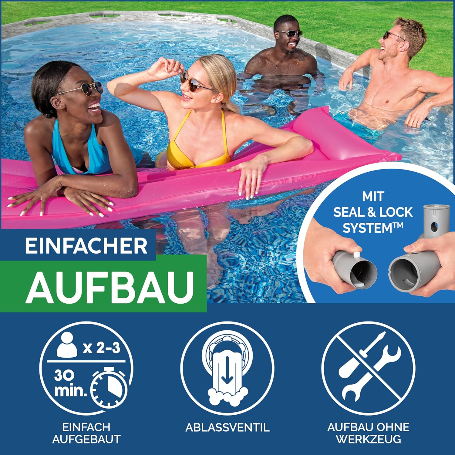 Bestway Power Steel Swim Vista Series Frame Pool Komplett-Set mit Filterpumpe 549 x 274 x 122 cm, Steinwand-Optik (Cremegrau), oval