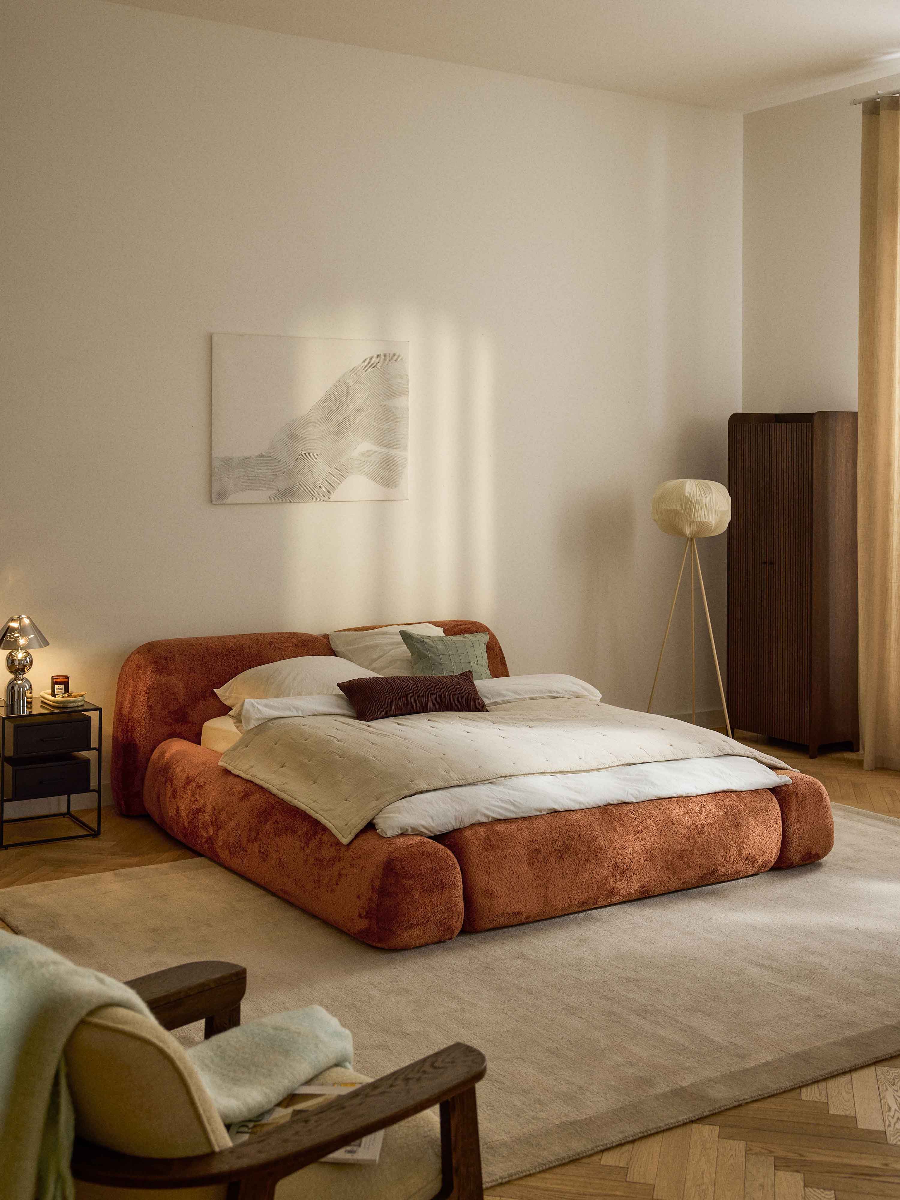 Gestoffeerd teddy bouclé bed Wolke met opbergruimte
