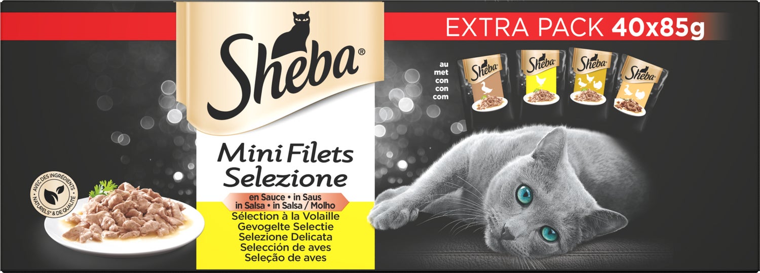 Sheba natvoer Mini Filets kip / eend / gevogelte in saus 85 g 32 stuks