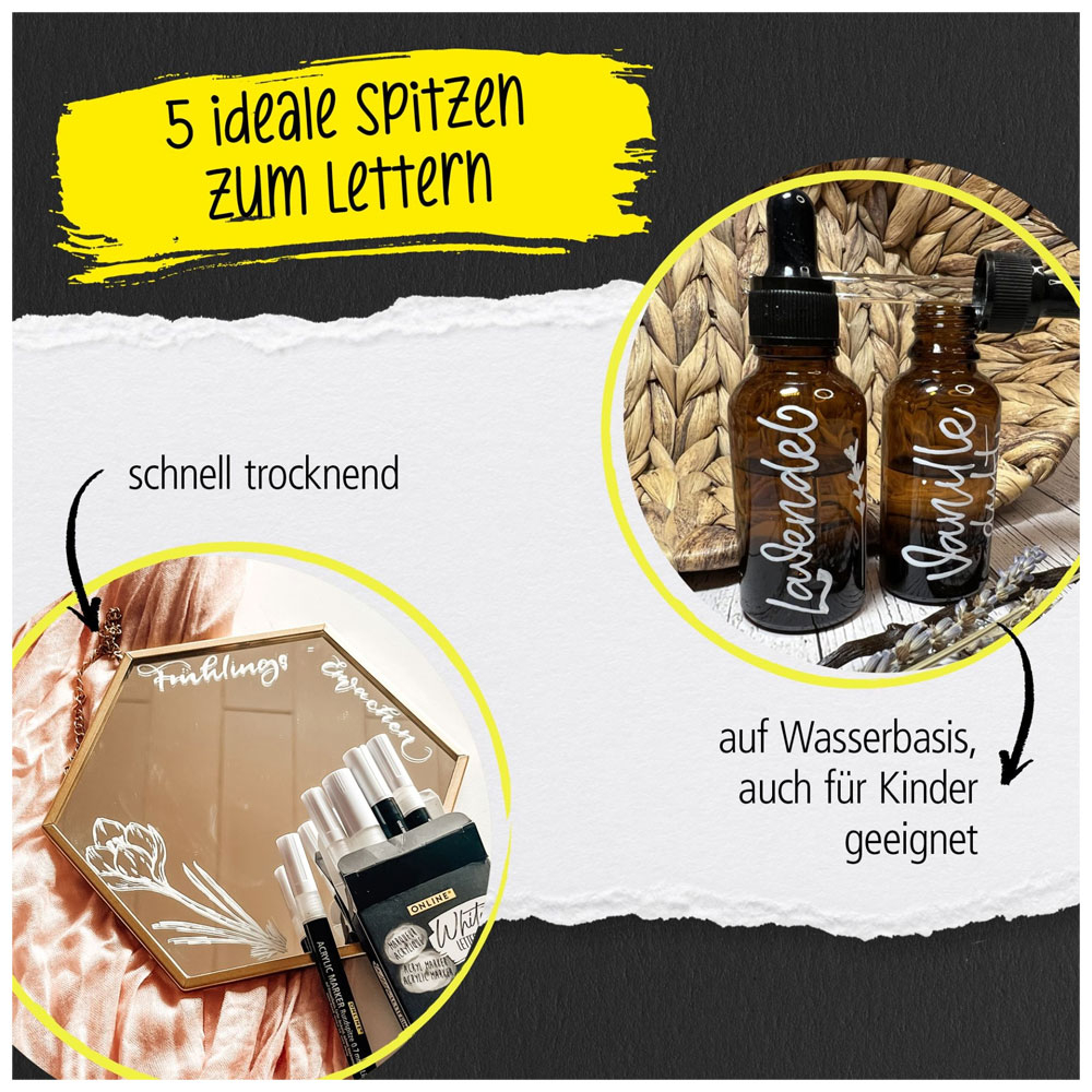 (5er Set) White Lettering Marker Wasserbeständige Acryl Brushpens Mal Stifte (18511) - Weiss