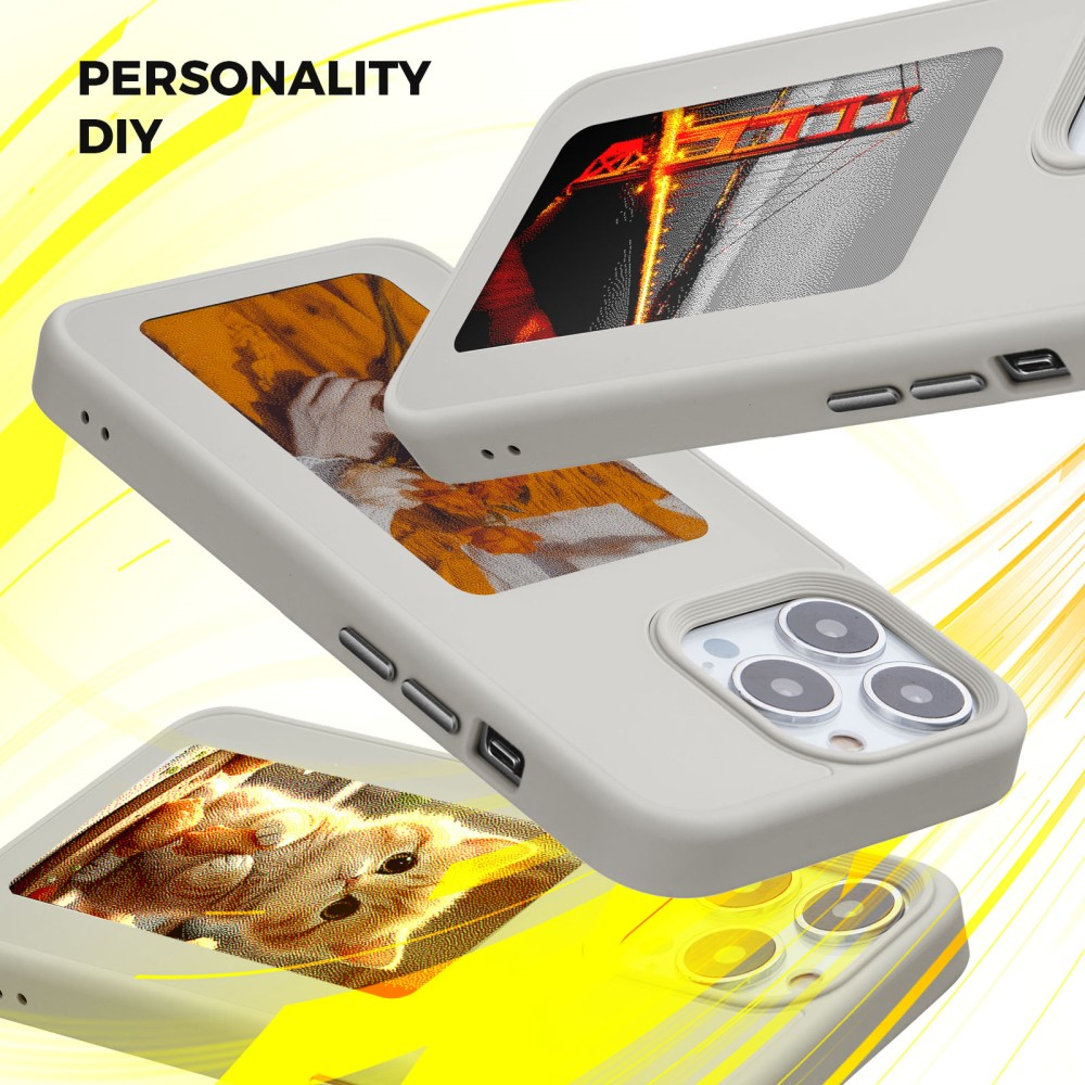 iPhone 15 Pro Max Hybrid Hülle TPU Bumper mit Acryl Rückseite   DIY E-Ink Display mit NFC Technologie - Grau