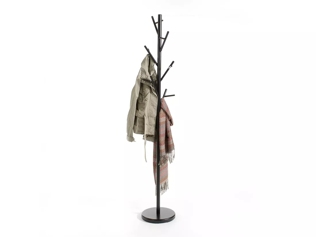 Porte-manteaux ZENO portant à vêtements sur pied en forme d'arbre avec 6 crochets sur différentes hauteurs, en métal laqué noir
