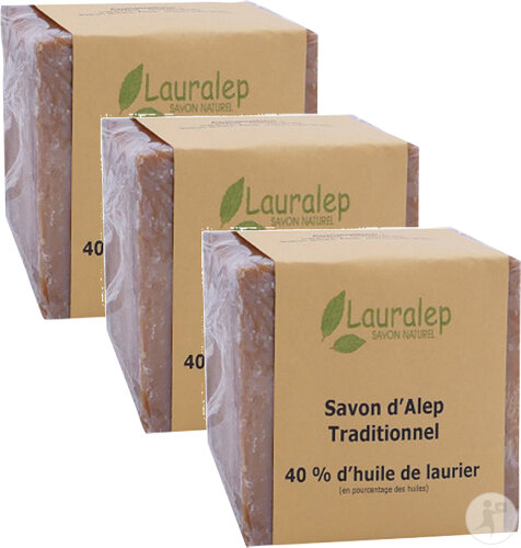 Pack de 3 Lauralep Savon D'Alep Traditionnel Syrie 40% D'Huile de Laurier 200g