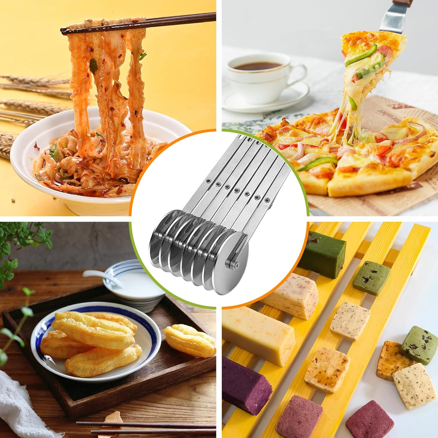 5-fach Edelstahl Teig Schneider Verstellbares Rollmesser Akkordeon Multischneider für Pizza / Kuchen / Pasta - Silber