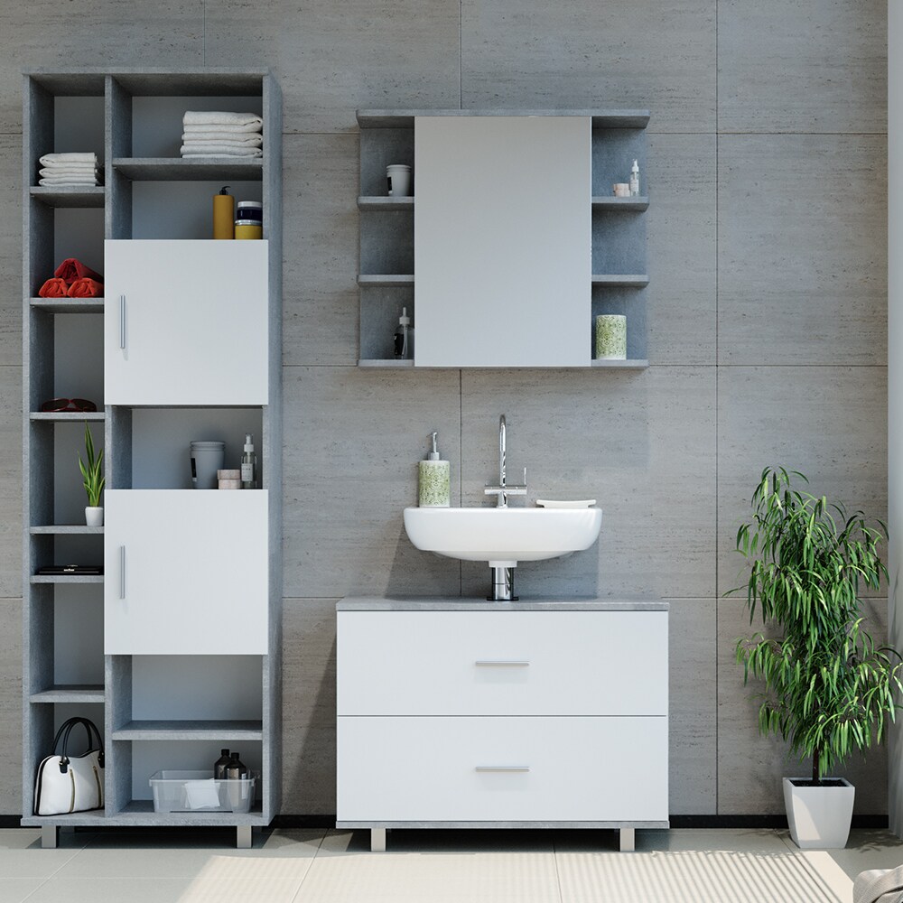 VICCO Badmöbel Set ILIAS Weiß Beton Spiegel Kommode Unterschrank Badschrank