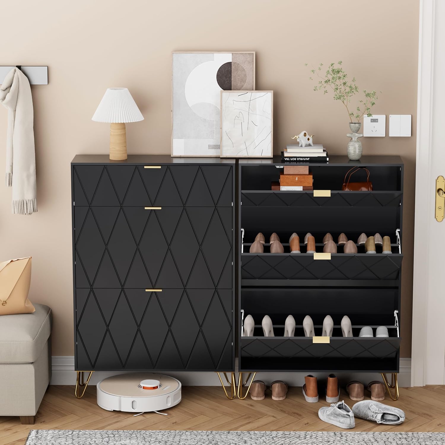 UEV Schuhschrank mit 2 Klappen, 80 x 24 x 120 cm für 16 Paar Schuhe mit 1 Schubladen, Schuhschrank Schwarz, Schuhkipper Schmal, Schrank Flur Schuhkommode im Flur, Platzsparend