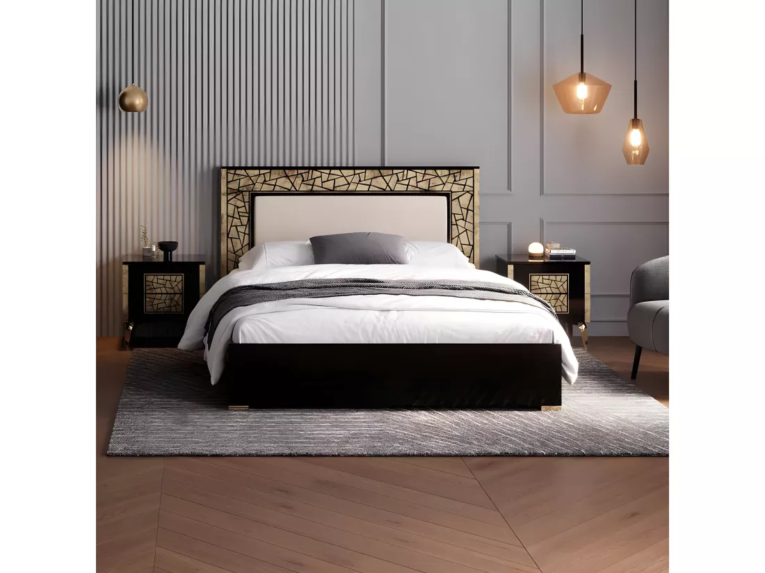 Chambre complète 160x200 Noir brillant/Or - NAHESA
