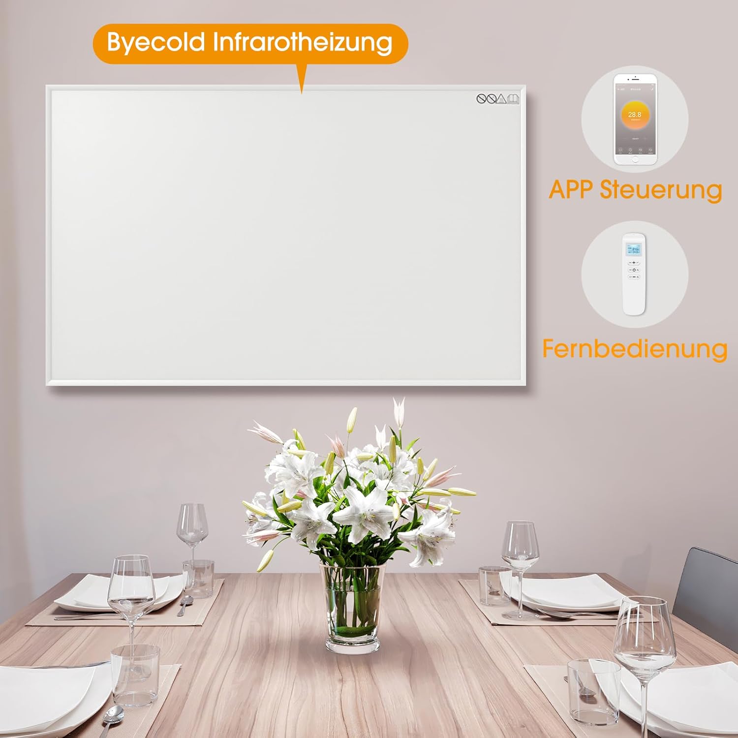 Byecold Infrarotheizung mit Thermostat 900 Watt, App Fernbedienung Steuerung, Infrarot wandmontage Elektroheizung Energiesparende, Wandheizung Heizpaneel Elektrisc Energiesparend Überhitzungsschutz