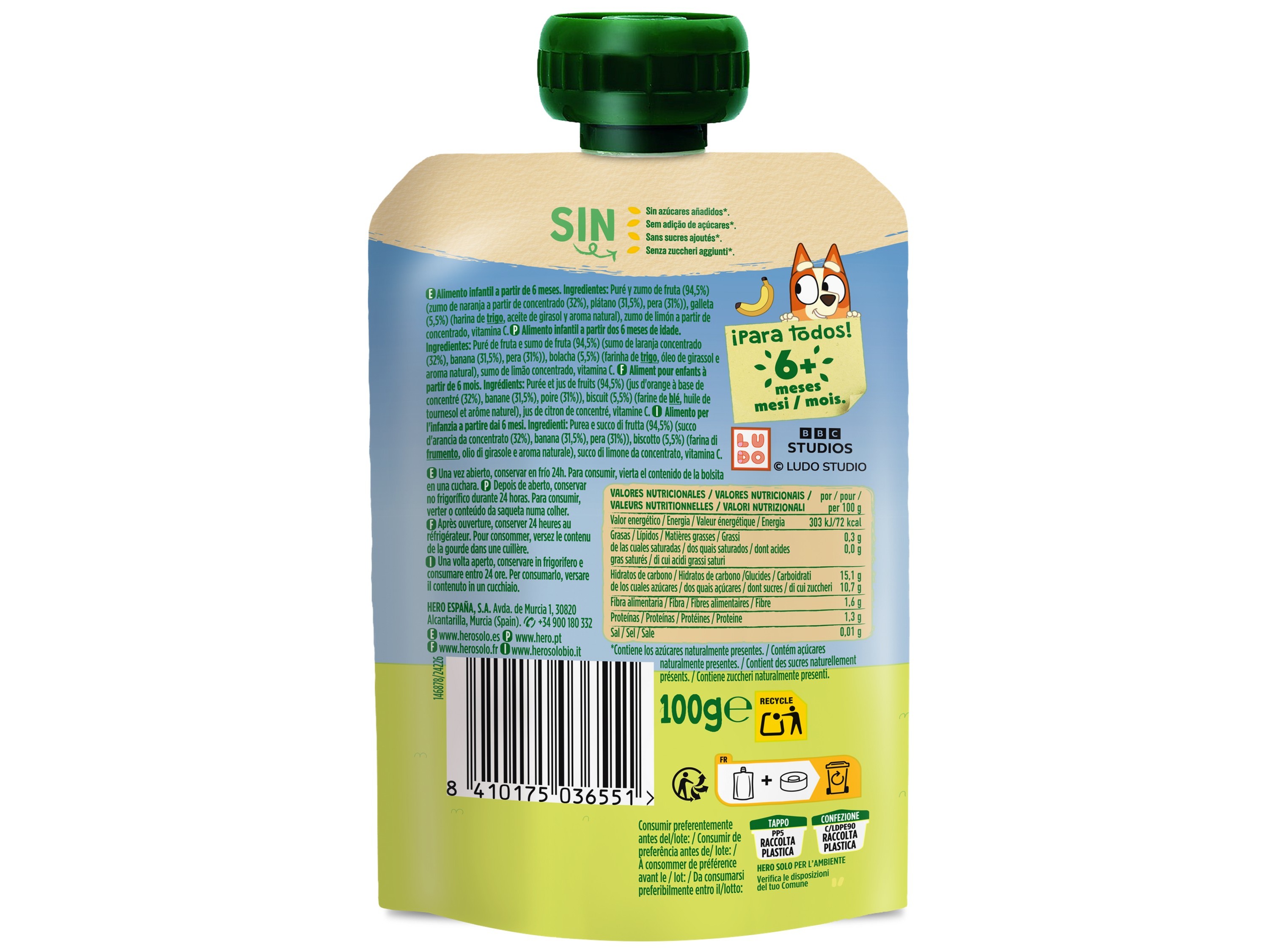SAQUETA FRUTA HERO JURASSIC LARANJABANANAPERA E BOLACHA 100G