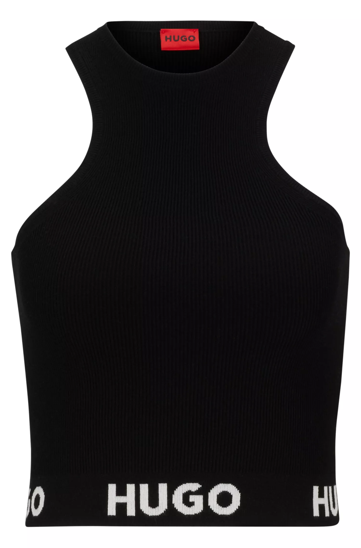 Blusa HUGO vermelha sem mangas em malha canelada com cós em jacquard com o logotipo.