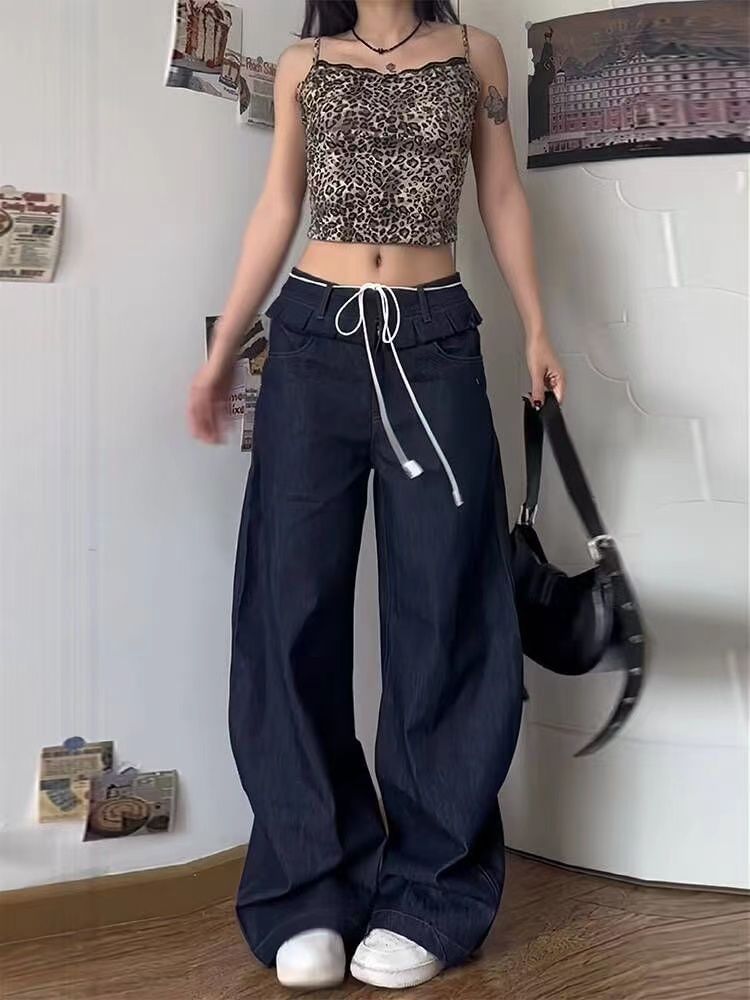 Coline - Lage taille, geplooide afwerking, gewassen wijde cargojeans