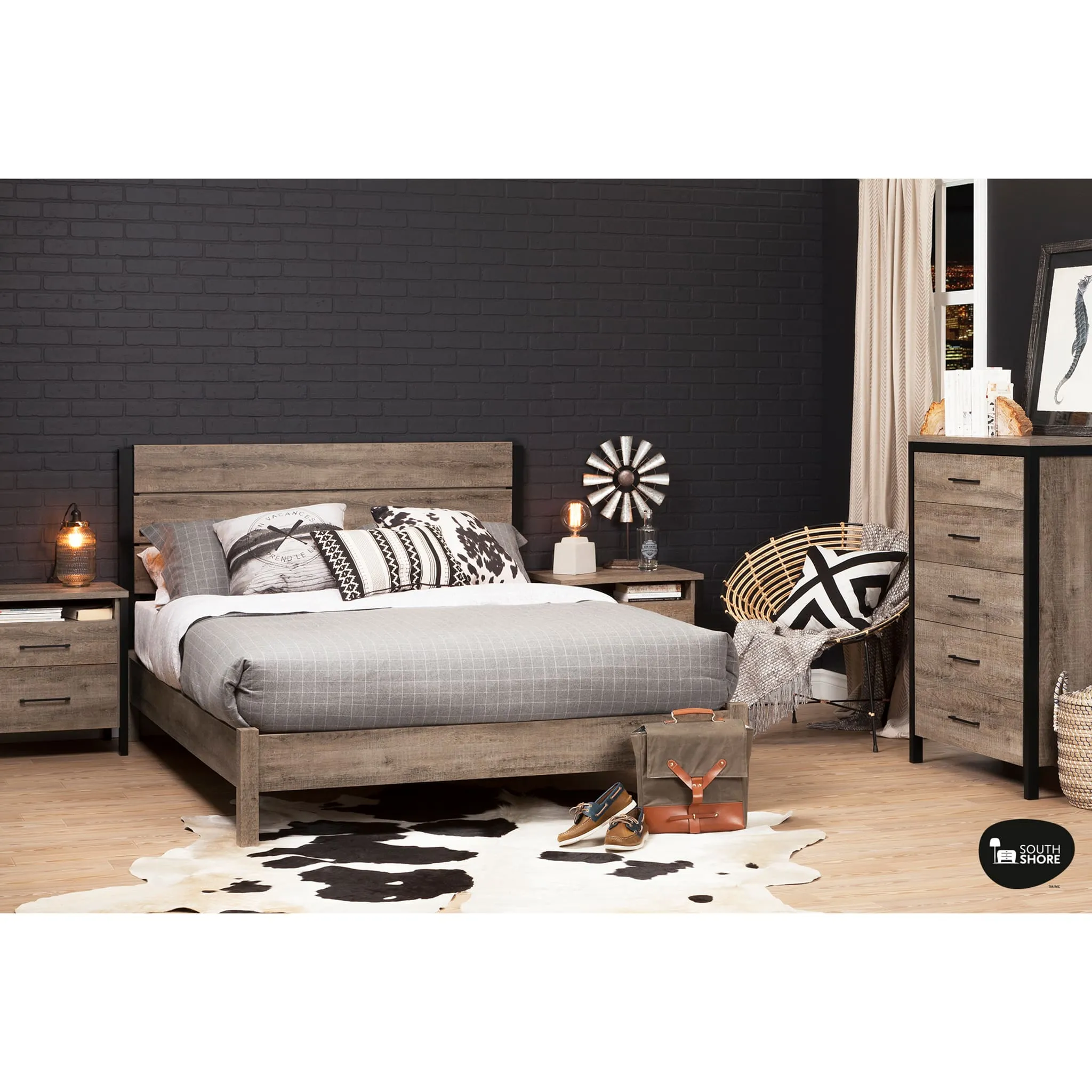 South Shore Commode 5 Tiroirs - Munich Chêne Vieilli et Noir mat