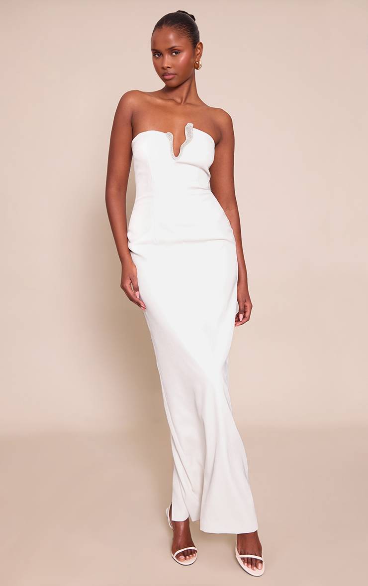 Crème Robe Longue Moulante Bandeau À Détails Contrastés