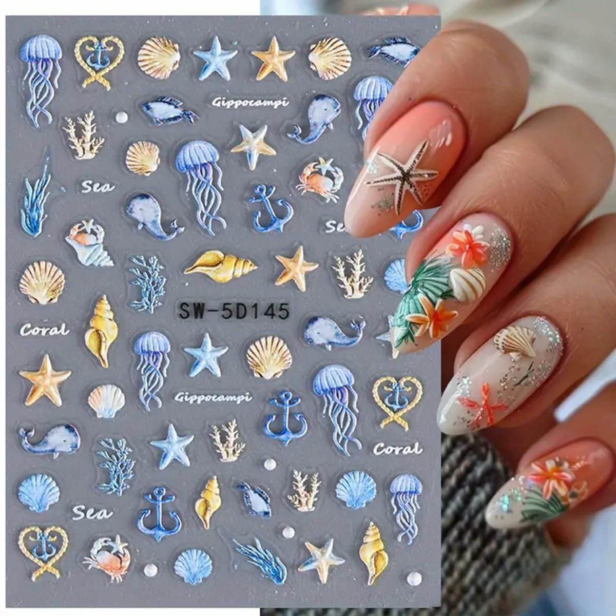 (70-tlg. Set) 5D Nagel Sticker Nail Art Tattoo Selbstklebende Aufkleber Meer - Blau / Beige