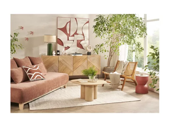 Table d'appoint ronde design avec rangement en métal terre brulée et bois manguier massif D30 cm YOYO