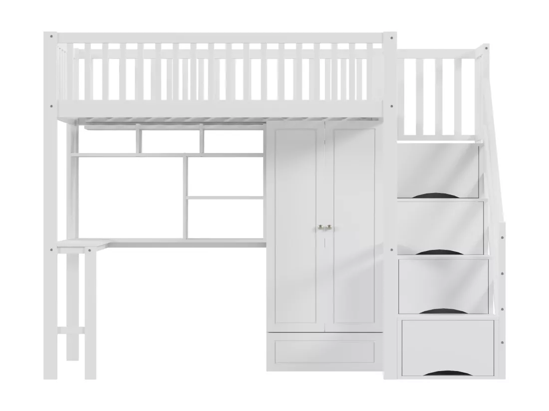 Lit superposé en bois blanc 90 x 200 avec grande étagère et table de rangement escalier