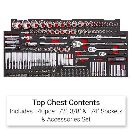 Conjunto de ferramentas para máquinas Daytona D520PSKIT com 520 peças, armário de 6 gavetas e armário de rolos com 7 gavetas.