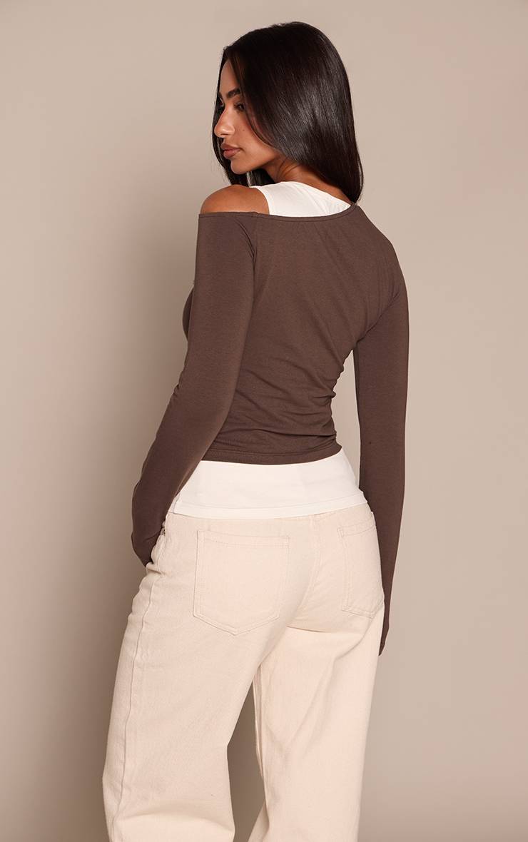 Sable Top Asymétrique Petite À Manches Longues Double Couche Contrastée