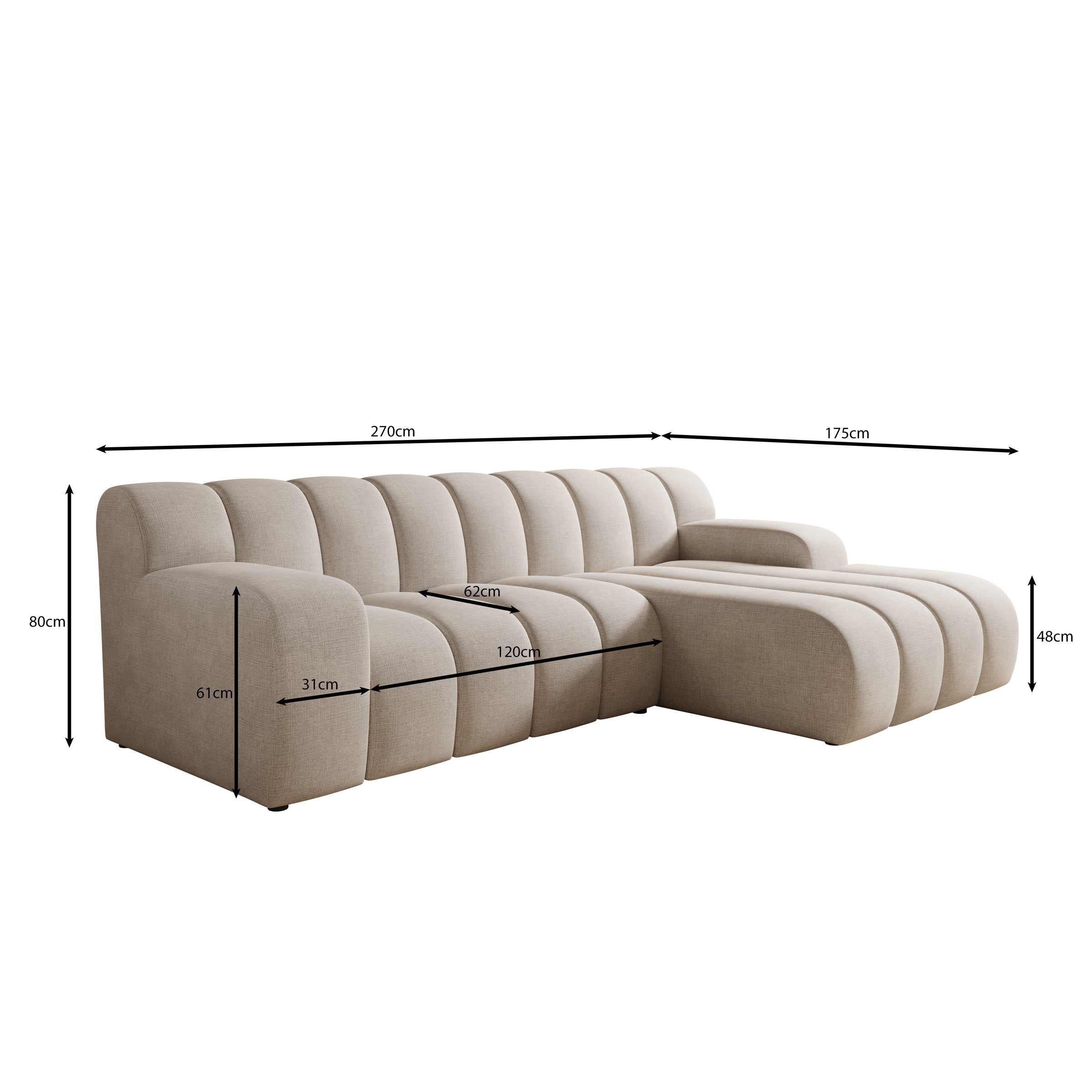 Brunello - Hoekbank 3-zits met chaise longue - Stof beige - Rechts