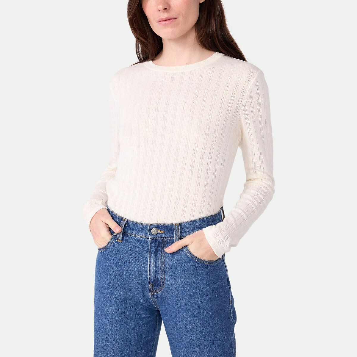 PETIT BATEAU<br>Camiseta feminina icônica feita de algodão vazado