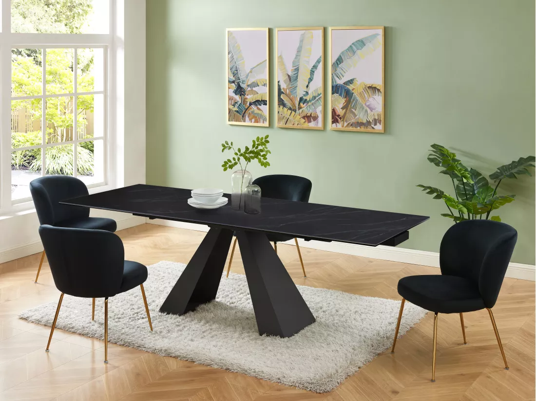 Table à manger extensible 6 à 10 personnes en verre trempé, céramique et métal - Effet marbre noir - LOZIPA de Maison Céphy