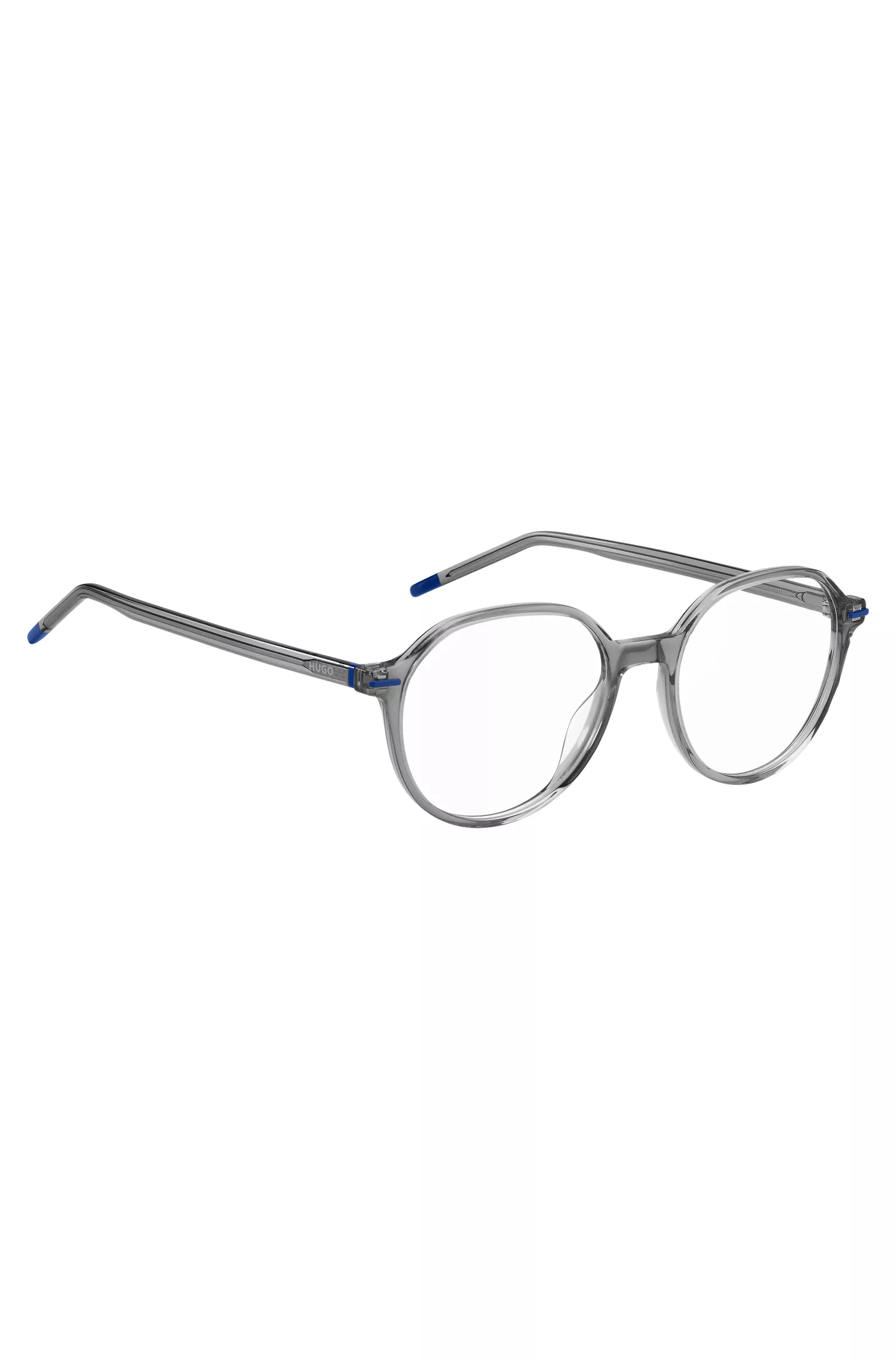Armação de óculos HUGO em acetato vermelho-cinza com detalhes em azul.