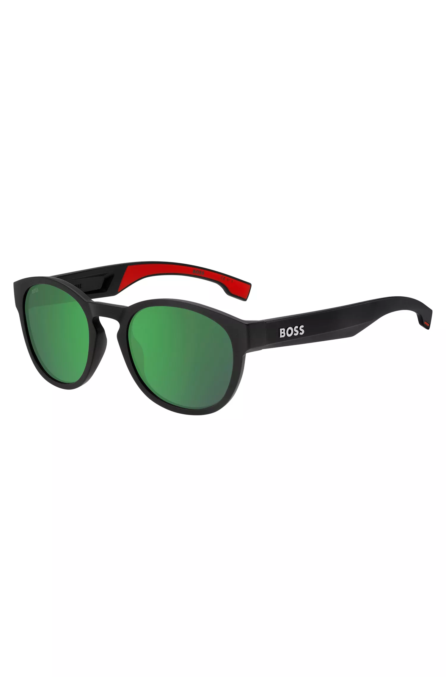 Óculos de sol BOSS em acetato preto com hastes internas emborrachadas vermelhas.