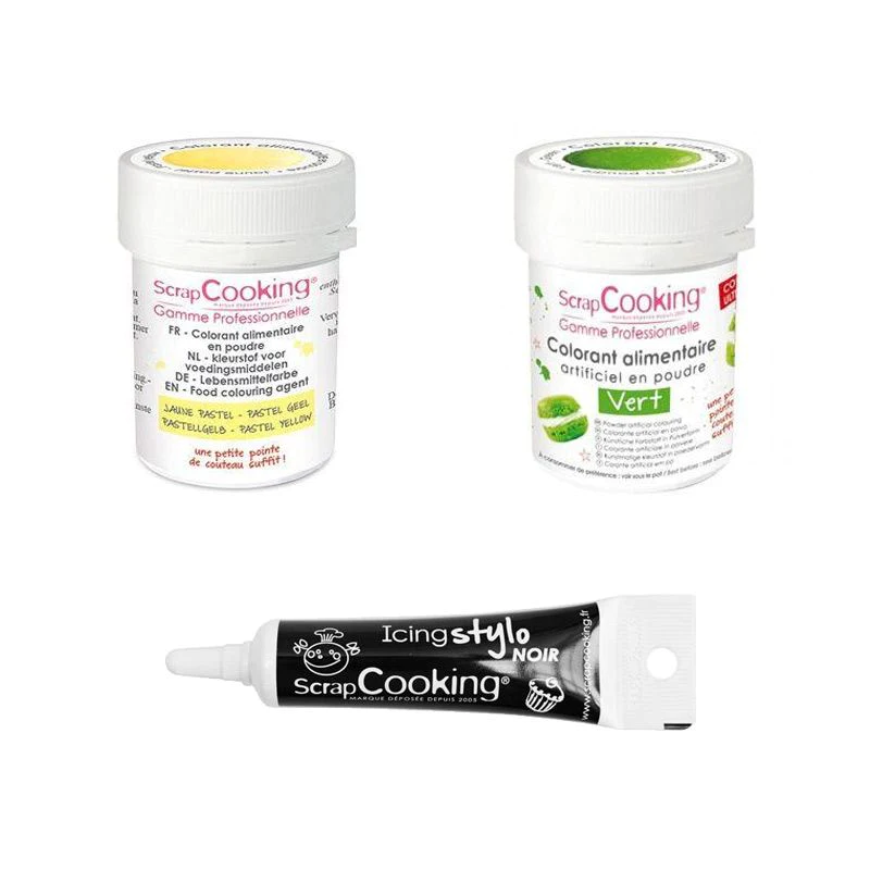 2 colorants alimentaires vert-jaune pastel + Stylo glaçage noir Scrapc