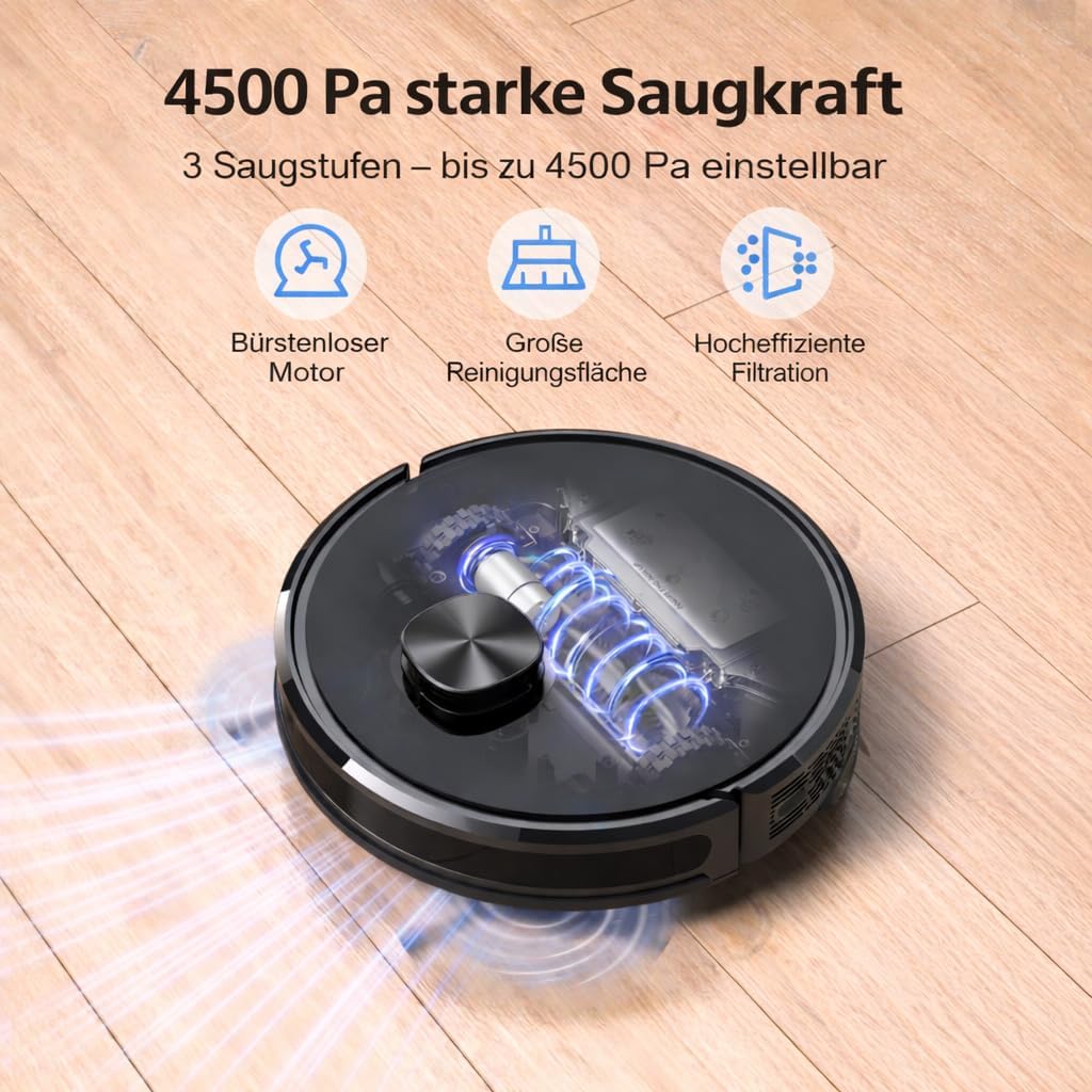 Lubluelu Saugroboter mit Wischfunktion 3-1, 4500Pa Staubsauger Roboter Lasernavigation mit 5 Karten, 55 dB Roboterstaubsauger mit APP, Saug und Wischroboter für Tierhaare, Teppiche, Hartböden, (SL60D)