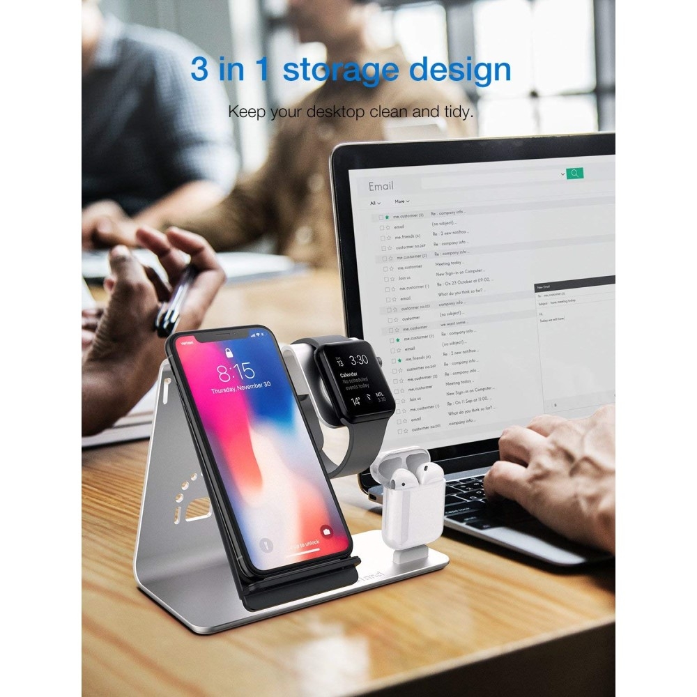 3in1 Magsafe Qi Wireless Fast Charger Ladegerät (10W / 7.5W) für iPhone / Apple Watch / Airpods mit Multifunktions Halterung - Silber