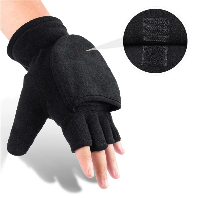 (1 Paar) Gr. XS Unisex Fleece Handschuhe Halbfinger Fäustlinge - Schwarz