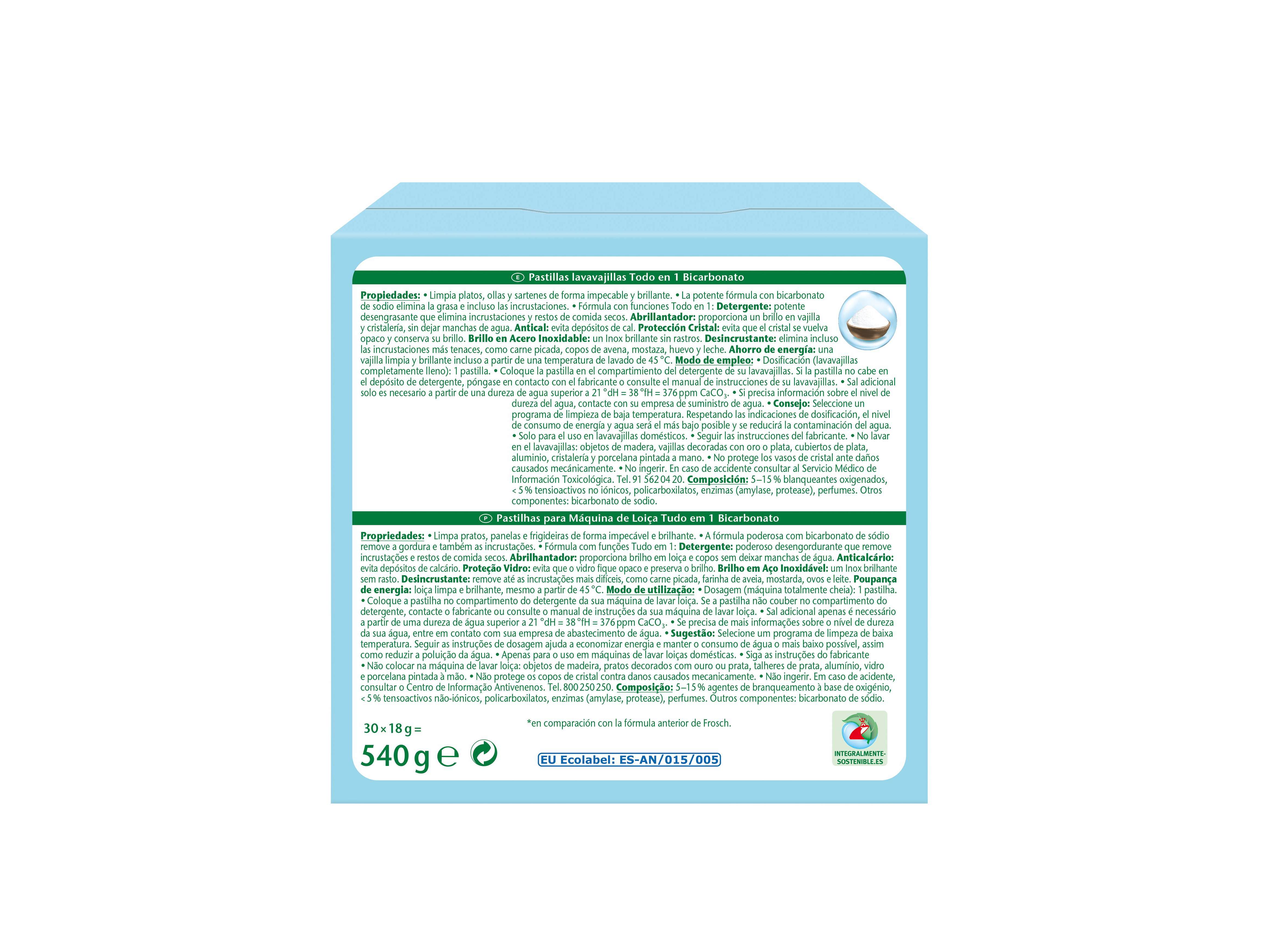 DETERGENTE LOIÇA MÁQUINA ECOLABEL ALL-IN-1 BICARBONATO FROSCH 30 PASTILHAS