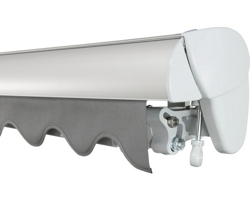SOLUNA Halfcassette zonnescherm Classic 2,5x1,5, doekdesign 320925, frame E6EV1 zilver geëloxeerd, aandrijving rechts inclusief slinger