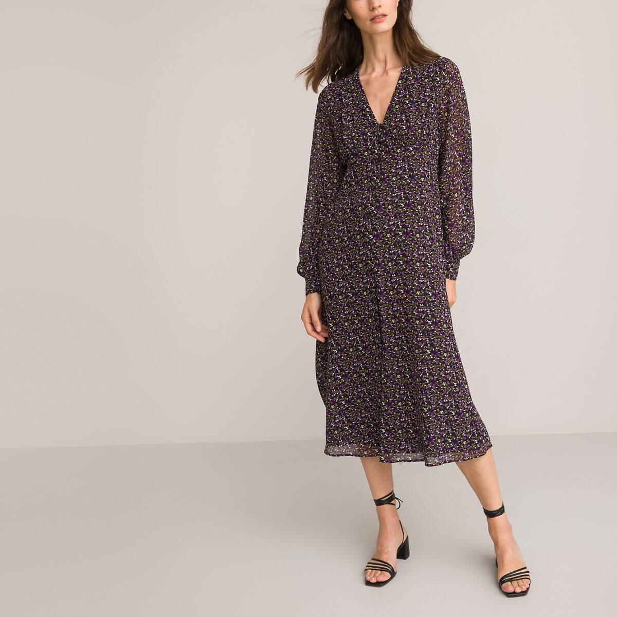 LA REDOUTE COLLECTIONS<br>Vestido com decote em V, estampa floral, comprimento midi