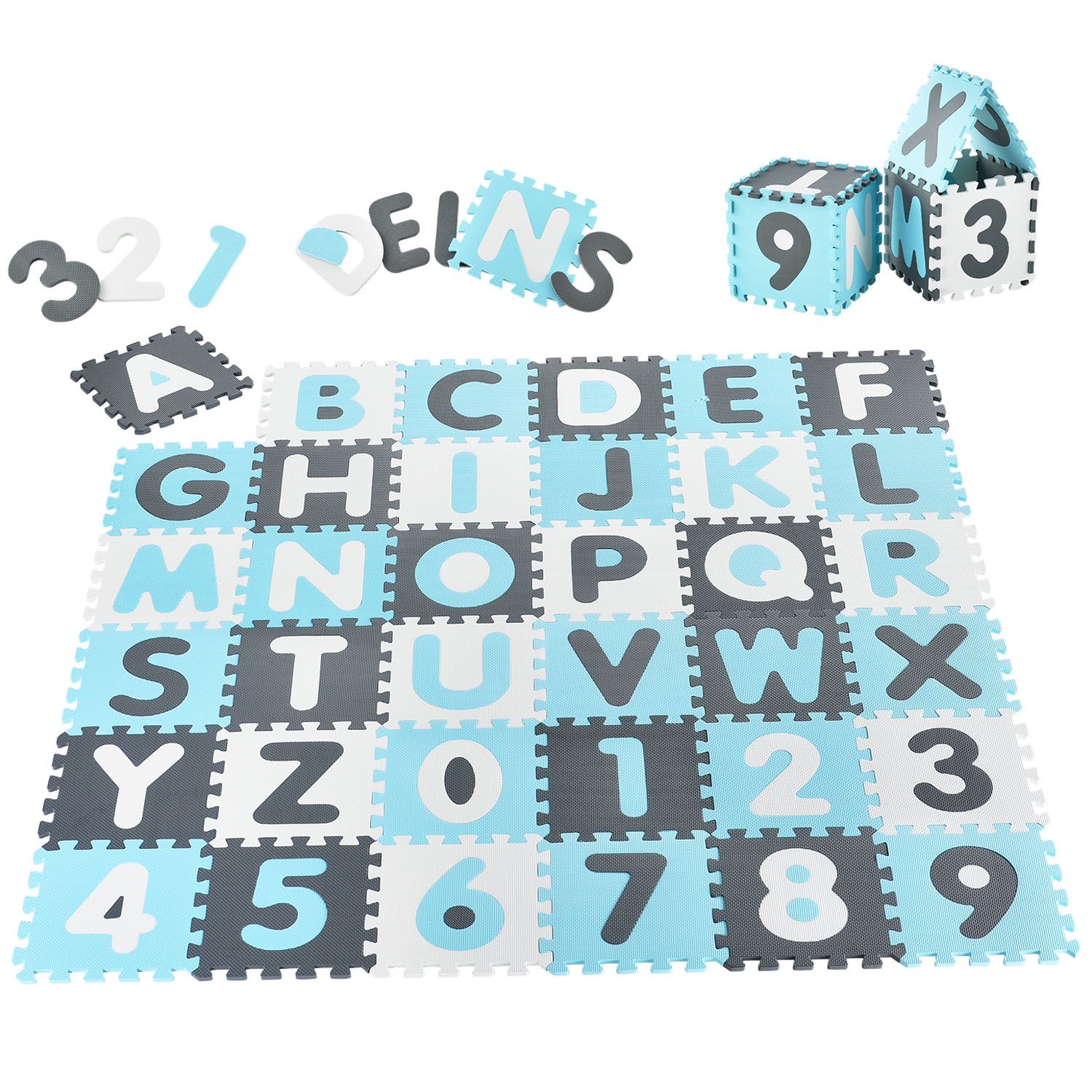 Juskys Kinder Puzzlematte Noah 36 Teile mit Buchstaben & Zahlen - rutschfest – blau für Jungen