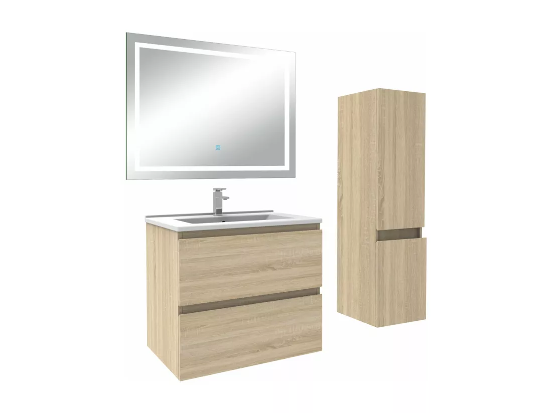 Ensemble meuble salle de Bain 60cm simple vasque avec colonne et miroir 3 couleurs Chêne Wotan