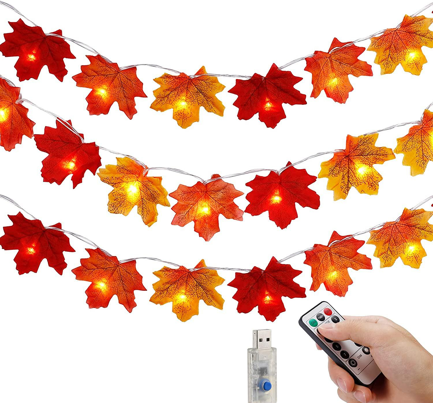 (3m) 20 LED's Herbst Deko USB Lichterkette Laub Ahorn Blätter 8 Modi   Fernbedienung - Warmweiss