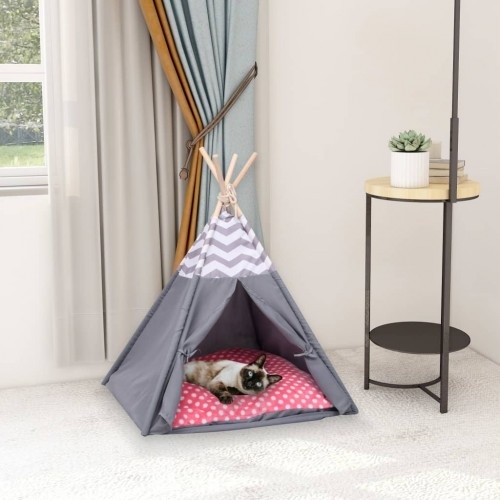Tenda de descanso para gatos nas cores branca, cinza e rosa.