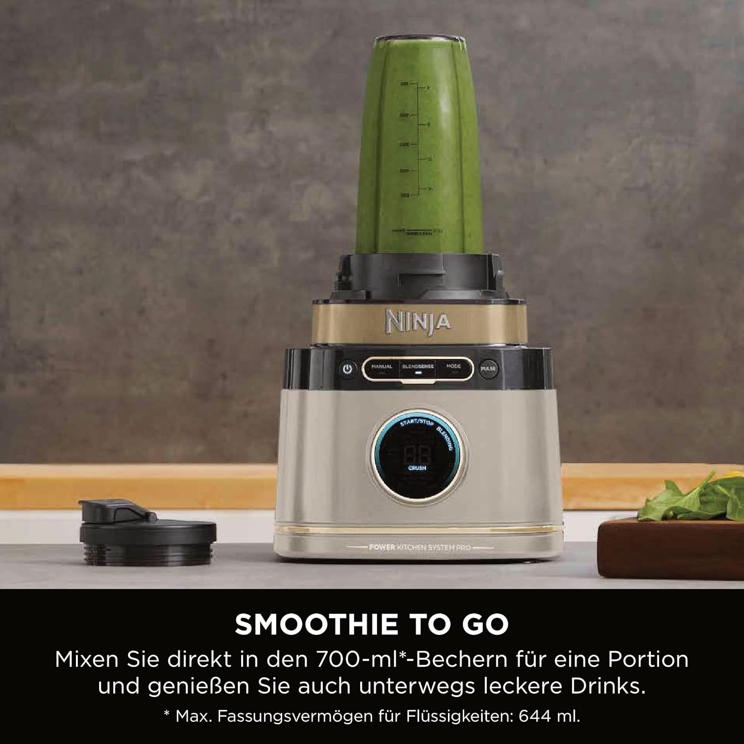 Ninja 3-in-1 Detect Power Blender Processor Pro, kraftvolle 1200W Küchenmaschine, Single Serve & Knethaken, 3x Single Serve Tassen, Krug, Teig, mischen & hacken, Stone Gold, TB401EUSTGD