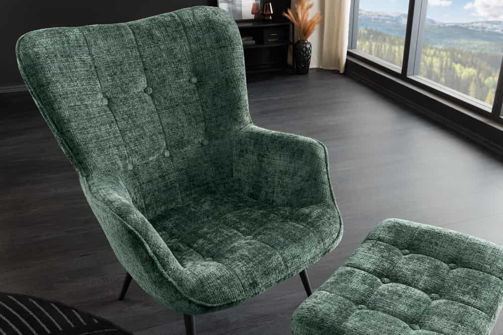 Design Sessel SCANDINAVIA grün Chenille Cremona schwarz Metall mit Armlehne