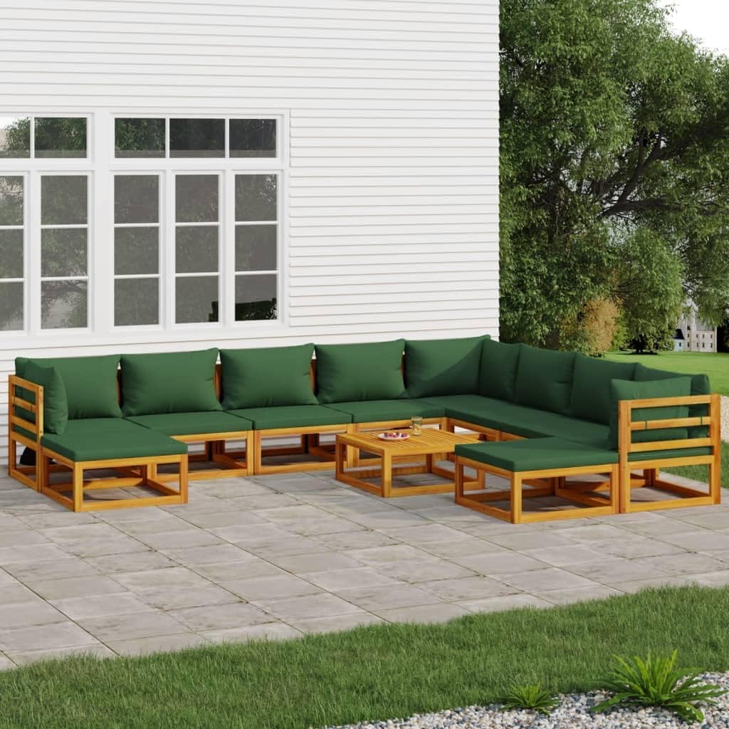 ZEYUAN 11-TLG. Garten-Lounge-Set mit Grünen Kissen Massivholz, Gartenmöbel Set, Balkon Lounge, Garden Furniture, Loungegarnitur, Balkonset, Sitzlounge Garten, Lounge Möbel